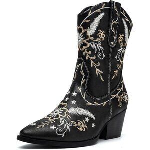 ANJOUFEMME Cowboy Boots for Women, Chunky Heel Mid-Calf, Side Zip, Pointy Toe